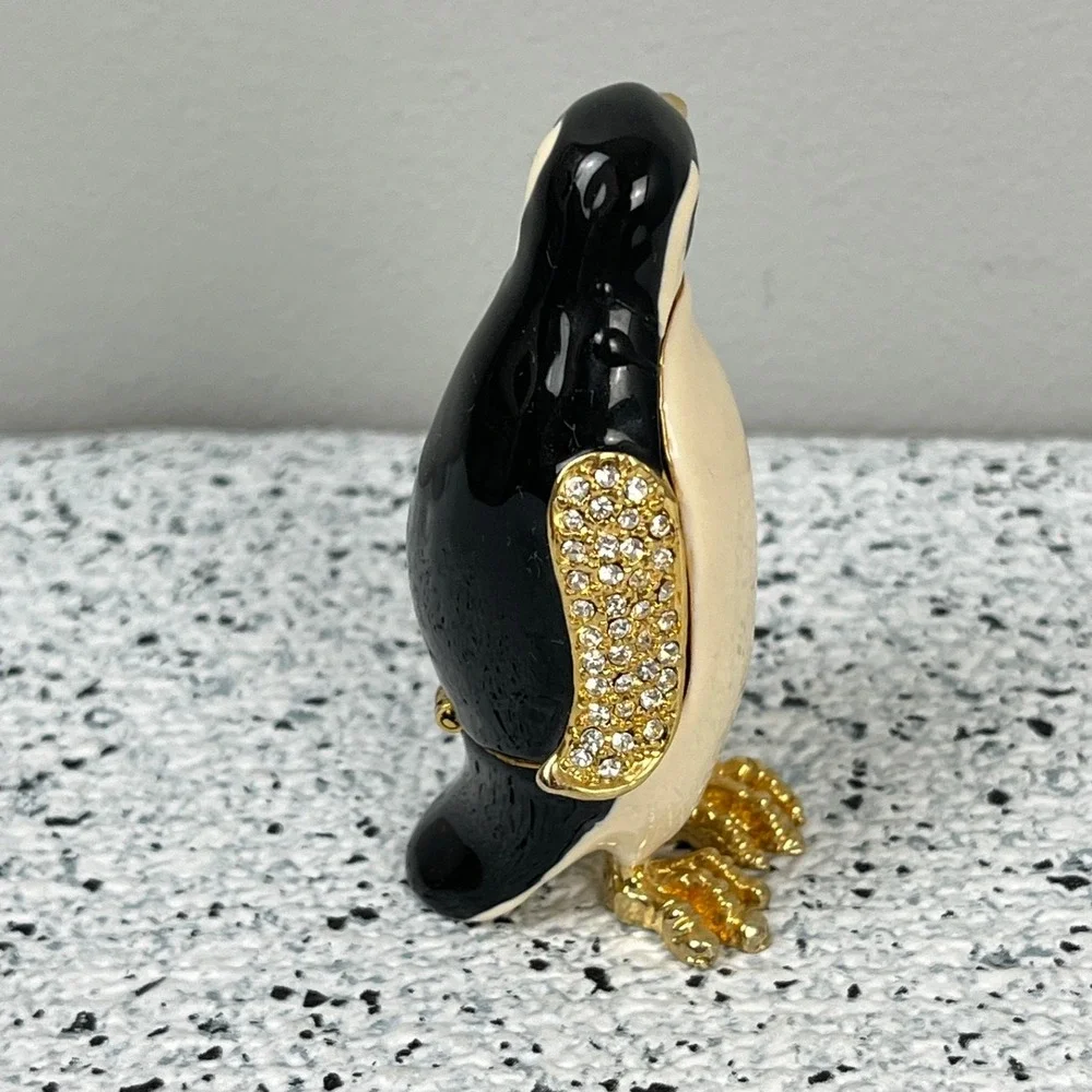 Penguin‎ Trinket Box Enameled Metal Rhinestone Hinged Collectible